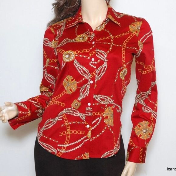Talbots Haberdashery Red Preppy Medallion Links & Pearls Print Button Up Shirt - Picture 6 of 6
